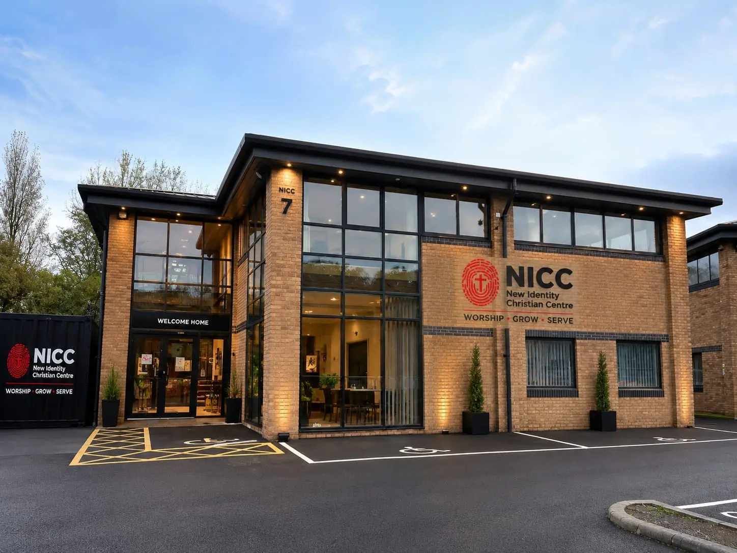 The NICC building at 7 Melyn Mair at dusk